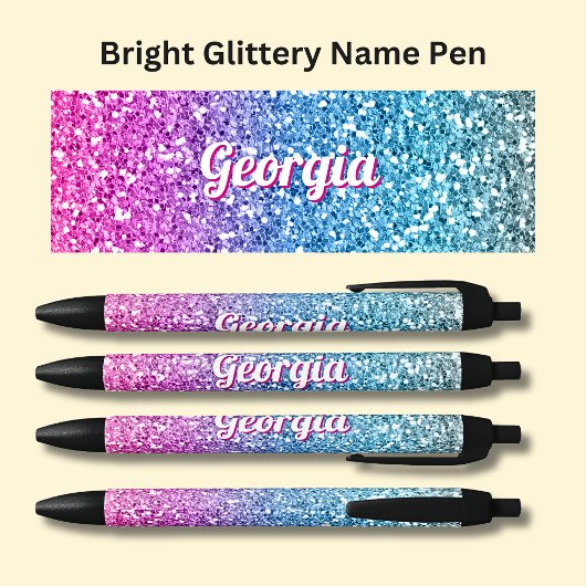 Meisjes Naam op Bright Pink & Blue Glitter Effect Zwarte Inkt Pen