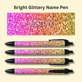 Meisjes Naam op Bright Pink & Gold Glitter Effect Zwarte Inkt Pen