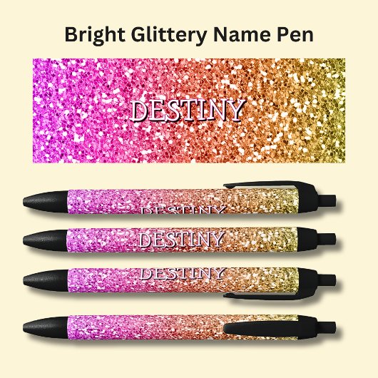 Meisjes Naam op Bright Pink & Gold Glitter Effect Zwarte Inkt Pen