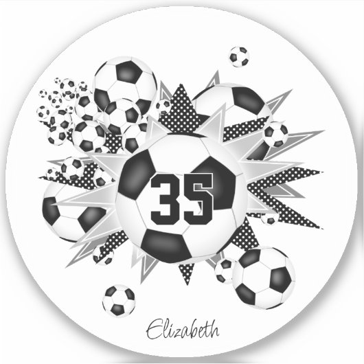Meisjes naam op zwart wit voetbal blowout sticker (Voorkant)