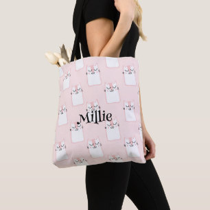 Meisjes Naam Schattige Kat Roze Patroon School Tote Bag