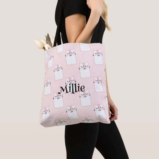 Meisjes Naam Schattige Kat Roze Patroon School Tote Bag (Dichtbij)