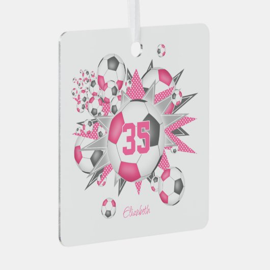 Meisjes naam voetbal blowout roze grijs metalen ornament (Voorkant Rechts)