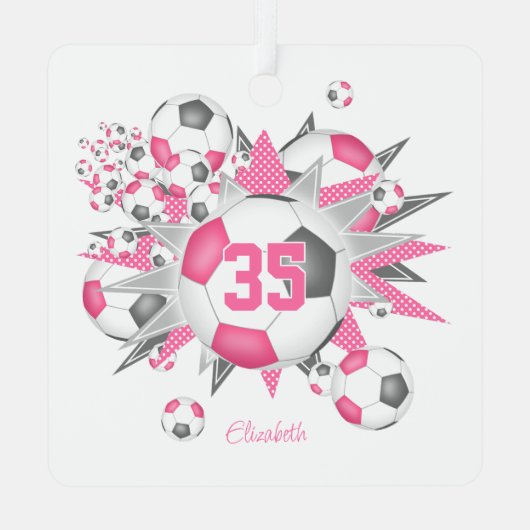 Meisjes naam voetbal blowout roze grijs metalen ornament (Achterkant)