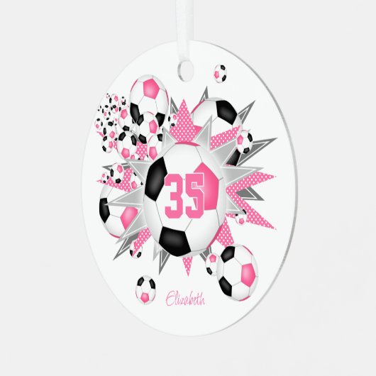meisjes naam voetbal blowout roze zwart metalen ornament (Voorkant links)