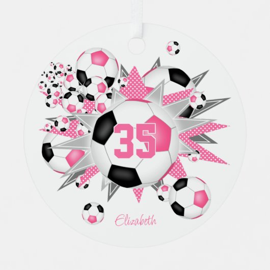 meisjes naam voetbal blowout roze zwart metalen ornament (Voorkant)