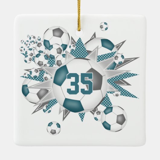 meisjes naam voetballen sterren blauwgroen grijs keramisch ornament (Achterkant)