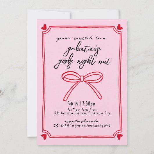 Meisjes Nacht Roze en Rode Galentijn's Dag Kaart (Voorkant)