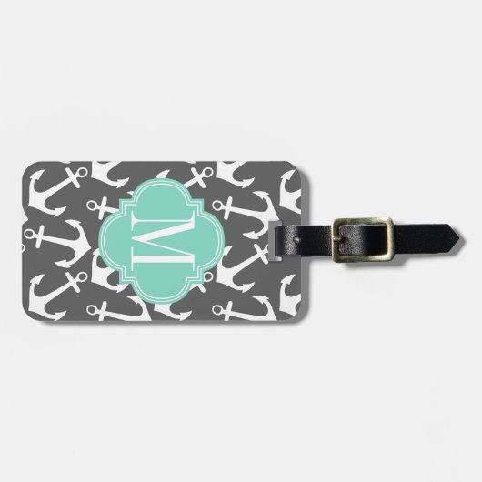 Meisjes Nautical Anchors Charcoal Aqua Personalize Bagagelabel (Voorkant horizontaal)