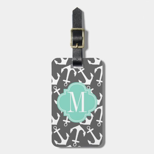 Meisjes Nautical Anchors Charcoal Aqua Personalize Bagagelabel (Voorkant verticaal)