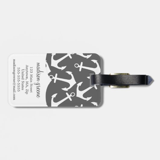 Meisjes Nautical Anchors Charcoal Aqua Personalize Bagagelabel (Achterkant horizontaal)