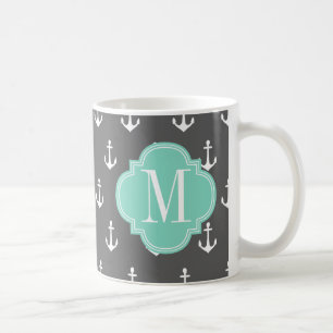 Meisjes Nautical Anchors Charcoal Aqua Personalize Koffiemok