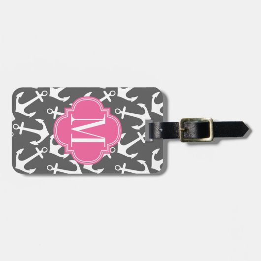 Meisjes Nautical Anchors Charcoal Pink gepersonali Bagagelabel (Voorkant horizontaal)