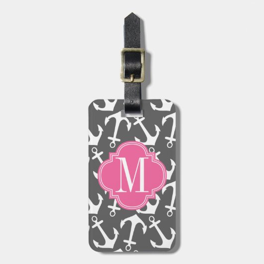 Meisjes Nautical Anchors Charcoal Pink gepersonali Bagagelabel (Voorkant verticaal)