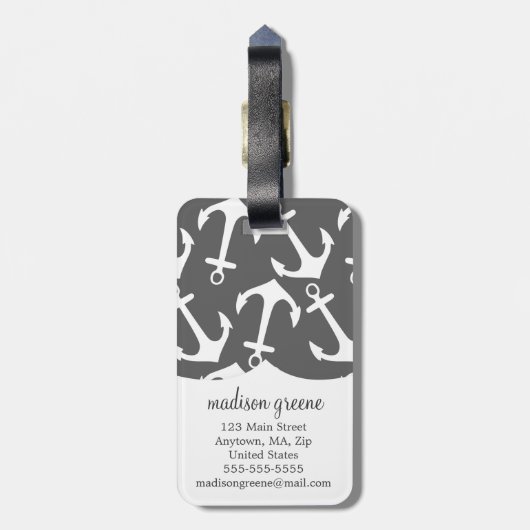 Meisjes Nautical Anchors Charcoal Pink gepersonali Bagagelabel (Achterkant verticaal)