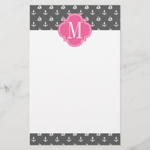 Meisjes Nautical Anchors Charcoal Pink gepersonali Briefpapier
