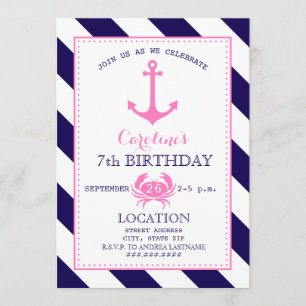 Meisjes Nautical Birthday Party - Anchor + Crab Kaart