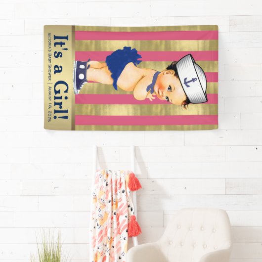 Meisjes Nautisch Roze Blauw Goud Baby shower Spandoek (Insitu)
