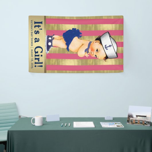 Meisjes Nautisch Roze Blauw Goud Baby shower Spandoek (Beurs)