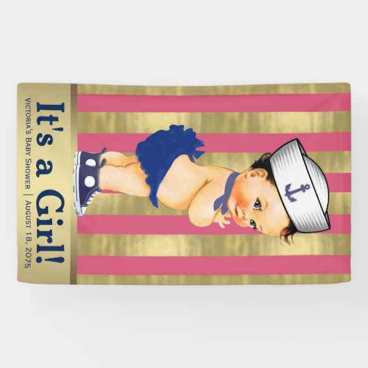 Meisjes Nautisch Roze Blauw Goud Baby shower Spandoek (Horizontaal)