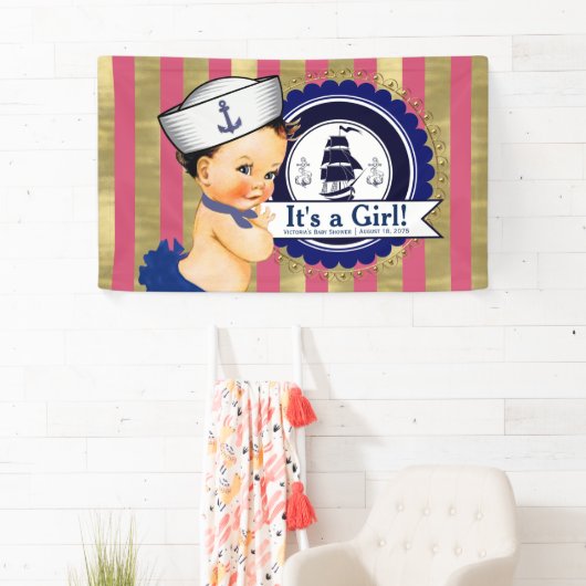 Meisjes Nautische Marine Blauw Roze Goud Baby show Spandoek (Insitu)