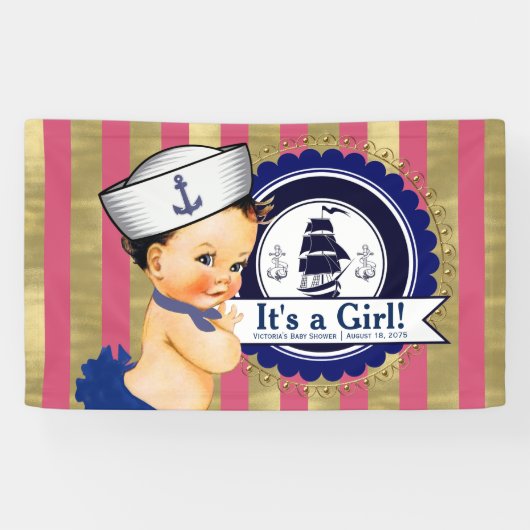 Meisjes Nautische Marine Blauw Roze Goud Baby show Spandoek (Horizontaal)