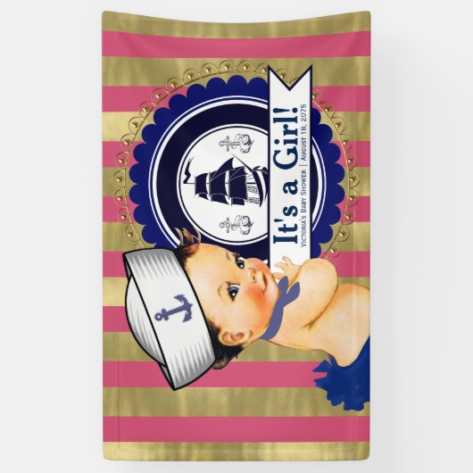 Meisjes Nautische Marine Blauw Roze Goud Baby show Spandoek (Verticaal)