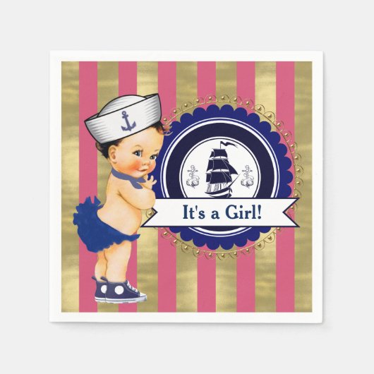 Meisjes Navy Roze Goud Nautisch Baby shower Servetten (Voorkant)