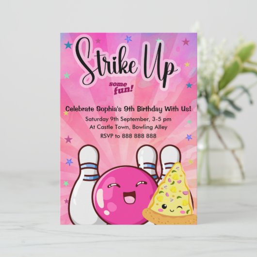 Meisjes Neon Roze Bowling Tie Dye Feest Kaart (Staand voorkant)