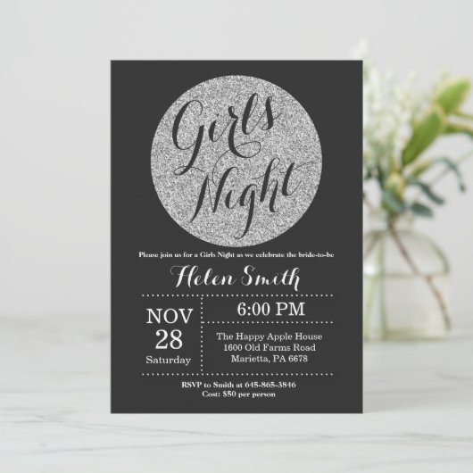 Meisjes Night Out Black en Silver Glitter Kaart (Staand voorkant)
