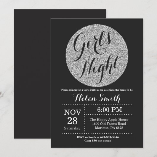 Meisjes Night Out Black en Silver Glitter Kaart (Voorkant / Achterkant)
