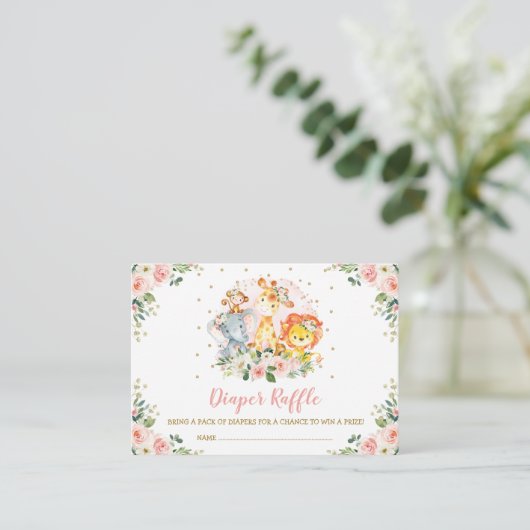 Meisjes Oerwoud Safari Wilde Dieren Luier Raffle Informatiekaartje (Staand voorkant)