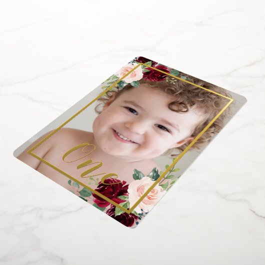 Meisjes of jongens 1e verjaardag Foto Floral Folie Uitnodiging (Gedraaid)