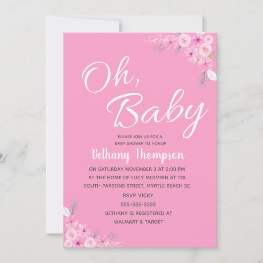 Meisjes Oh Baby Roze Floral Uitnodiging (Voorkant)