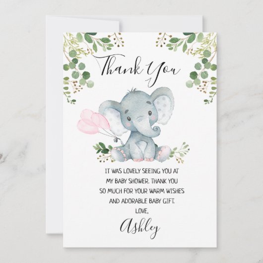 Meisjes olifant Baby shower Hartelijk dank Kaart (Voorkant)