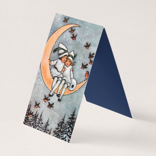 Meisjes op de kerst-feestelijke Moon-uitnodiging Visitekaartje (Achterkant)