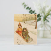 Meisjes op een geleide wintersneeuw briefkaart (Staand voorkant)