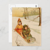 Meisjes op een geleide wintersneeuw briefkaart (Voorkant / Achterkant)