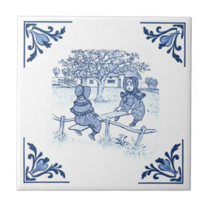  Meisjes op Seesaw Delft Hoek Blauw & Wit Tegeltje