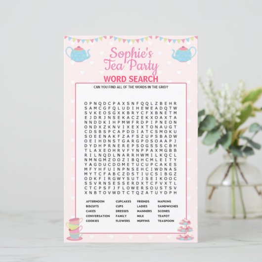 Meisjes op verjaardag Tea Party Word Search (Staand voorkant)