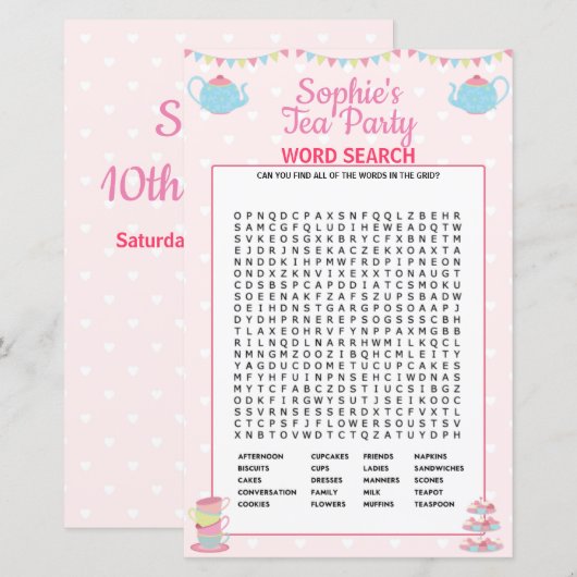 Meisjes op verjaardag Tea Party Word Search (Voorkant / Achterkant)