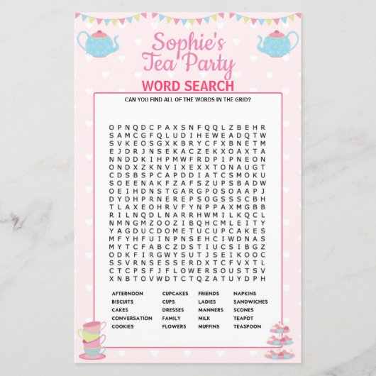 Meisjes op verjaardag Tea Party Word Search (Voorkant)