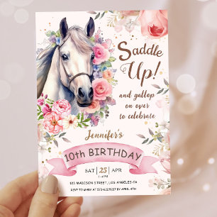 Meisjes Paard 10e Verjaardag Bloem Bloemen Saddle Kaart