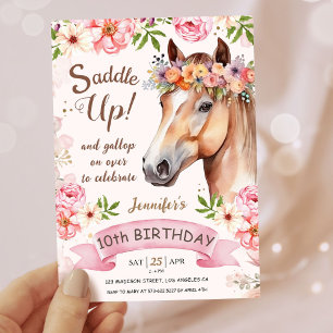 Meisjes Paard 10e Verjaardag Bloemen Zadel omhoog! Kaart