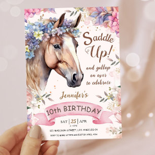 Meisjes Paard 10e Verjaardag Bloemen Zadel omhoog! Kaart