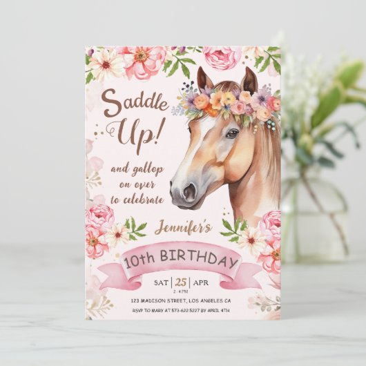Meisjes Paard 10e Verjaardag Bloemen Zadel omhoog! Kaart (Staand voorkant)