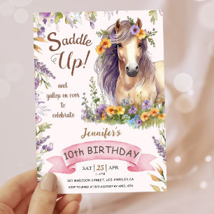 Meisjes Paard 10e Verjaardag Paarse Bloemen Zadel Kaart