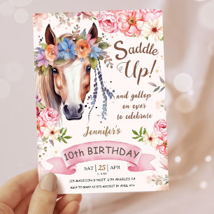 Meisjes Paard 10e Verjaardag Roze Bloemen Cowgirl Kaart