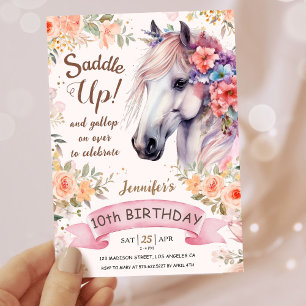 Meisjes Paard 10e verjaardag roze bloemen zadel om Kaart