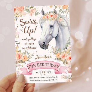 Meisjes Paard 10e Verjaardag Roze Bloemen Zadel Om Kaart